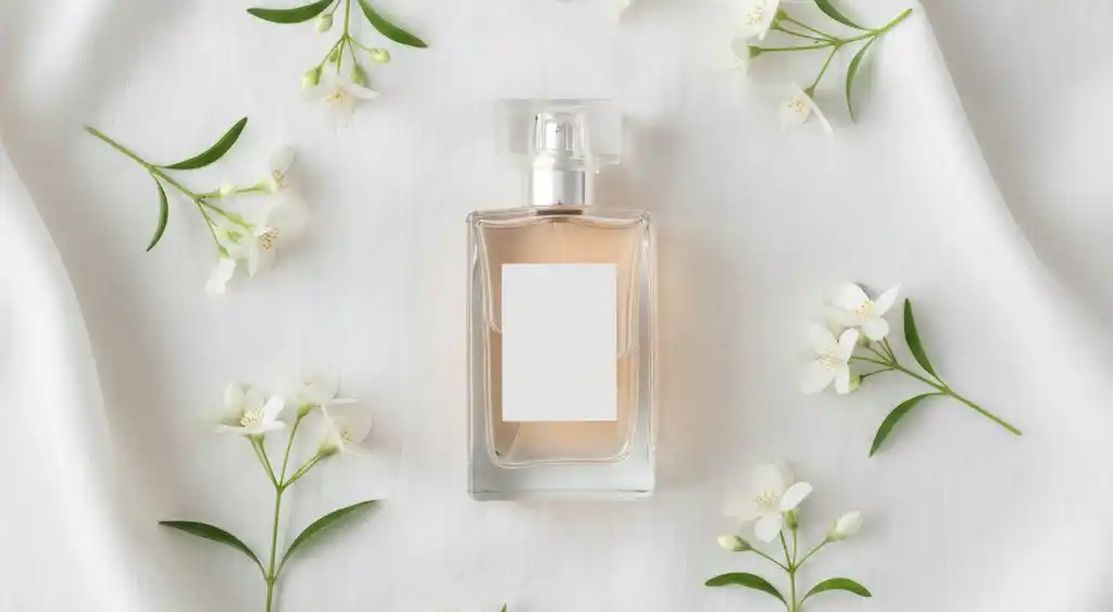 Minimalistyczne ujęcie butelki perfum z białymi kwiatami.