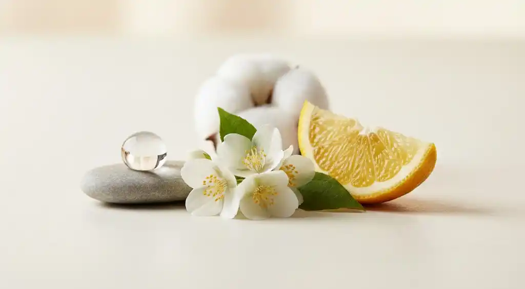 Kluczowe składniki perfum clean aesthetic: jaśmin, bergamotka, woda.