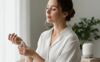 Kobieta aplikuje perfumy, tworząc czysty i spokojny nastrój.