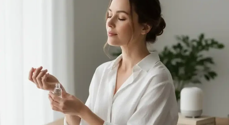 Kobieta aplikuje perfumy, tworząc czysty i spokojny nastrój.
